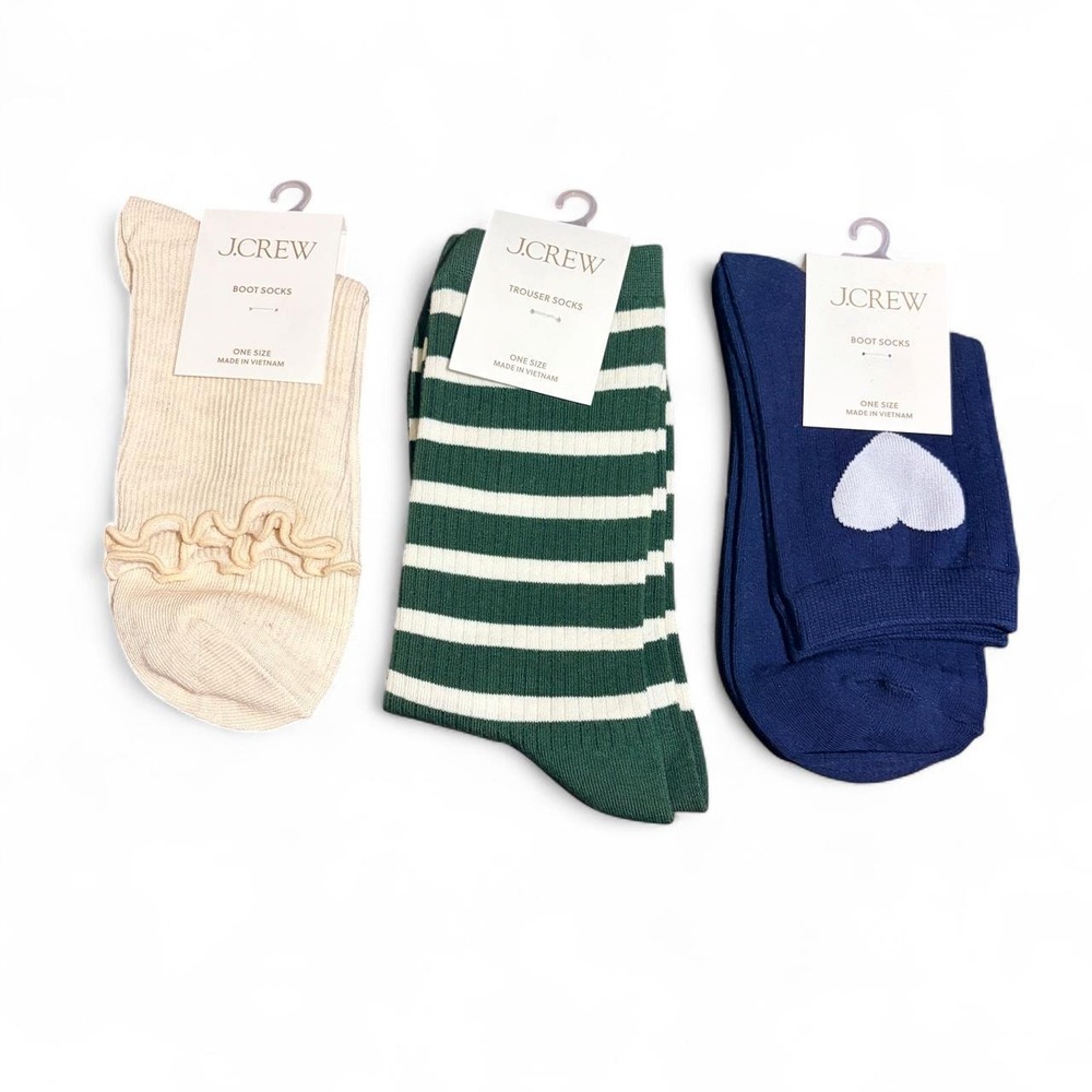 J.Crew 3 Pack Socks Womens Navy Heart Green Striped Cream Ruffle BT424 CC782